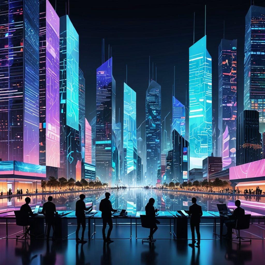 A futuristic cityscape with skyscrapers made of digital circuits, bustling with holographic advertisements and e-commerce icons; people engaging in online transactions on large, transparent screens. Colors should be vibrant to reflect digital energy. Vector art. vibrant colors.