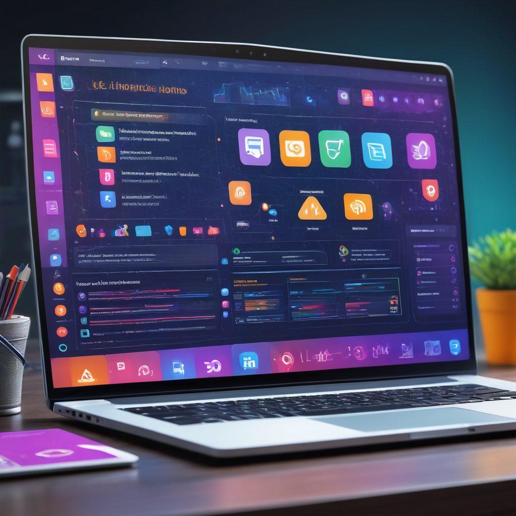 A dynamic website interface on a laptop screen bursting with vibrant icons for UX/UI design, SEO analytics, and social media. Surrounding the laptop are floating elements like wireframes, search engine graphs, and social media logos, with a digital marketer in the background strategizing. super-realistic. vibrant colors.