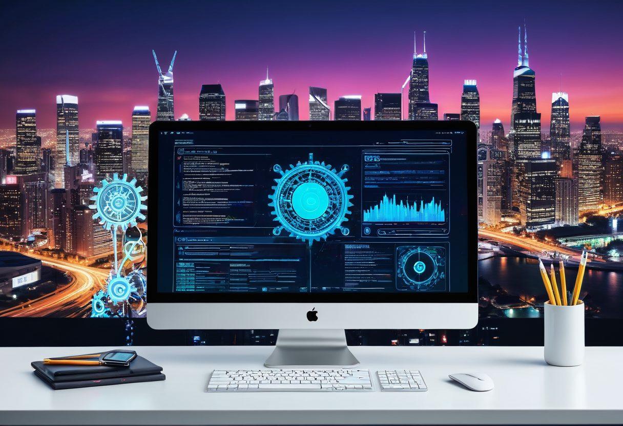 A modern, sleek computer screen displaying a vibrant and interactive website. Surrounding the screen are digital tools like a pencil, gear, and coding symbols, with a futuristic city skyline in the background symbolizing growth and connectivity. The colors should be dynamic and modern, reflecting innovation and creativity. super-realistic. vibrant colors. white background.
